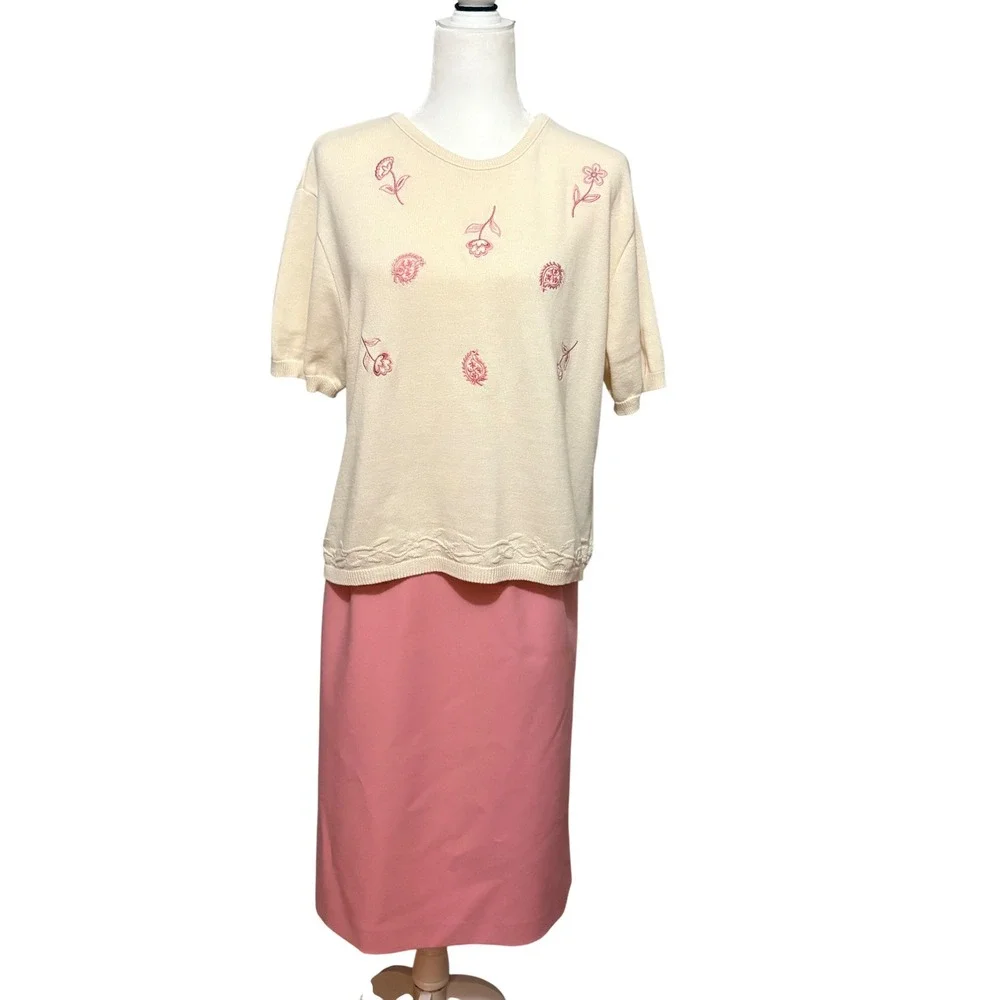 VTG Nikki Southern Pink Cream Floral‎ Embroidered Sweater & Midi Skirt Set XL 18